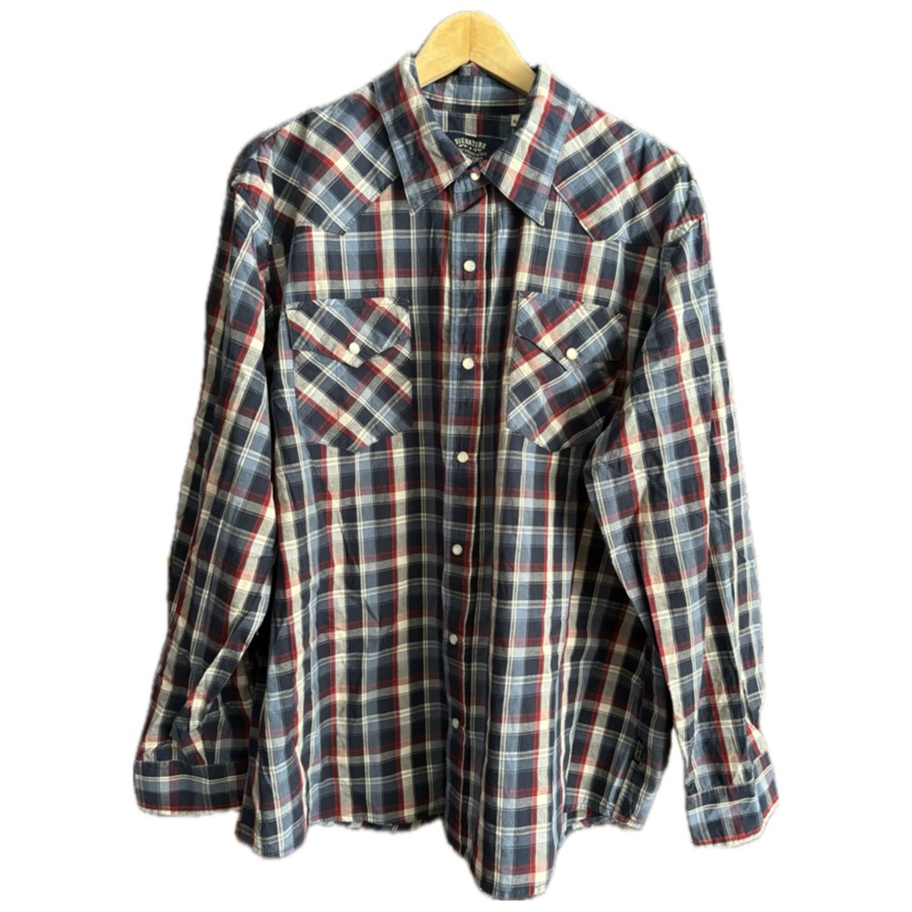 Signature Mens Western Plaid Shirt Blue Red Snap Front XL Long Sleeve Casual